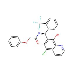 O=C(COc1ccccc1)N[C@@H](c1ccccc1C(F)(F)F)c1cc(Cl)c2cccnc2c1O ZINC000040933599