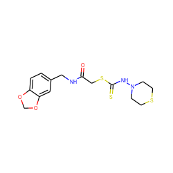 O=C(CSC(=S)NN1CCSCC1)NCc1ccc2c(c1)OCO2 ZINC001772653668