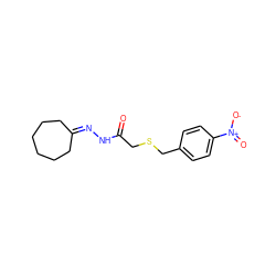 O=C(CSCc1ccc([N+](=O)[O-])cc1)NN=C1CCCCCC1 ZINC000000233596