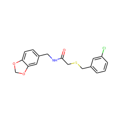 O=C(CSCc1cccc(Cl)c1)NCc1ccc2c(c1)OCO2 ZINC000000621476