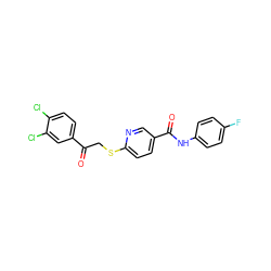 O=C(CSc1ccc(C(=O)Nc2ccc(F)cc2)cn1)c1ccc(Cl)c(Cl)c1 ZINC000261087110