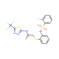 O=C(CSc1ccccc1NS(=O)(=O)c1ccccc1F)Nc1nnc(C(F)(F)F)s1 ZINC000008667137