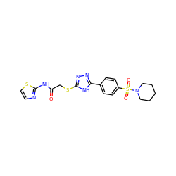 O=C(CSc1nnc(-c2ccc(S(=O)(=O)N3CCCCC3)cc2)[nH]1)Nc1nccs1 ZINC000012484034