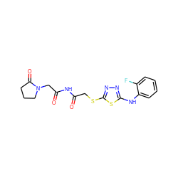 O=C(CSc1nnc(Nc2ccccc2F)s1)NC(=O)CN1CCCC1=O ZINC000003359530