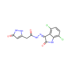 O=C(Cc1cc(=O)[nH][nH]1)N/N=C1\C(=O)Nc2c(Cl)ccc(Cl)c21 ZINC000072179551