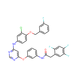 O=C(Cc1cc(F)c(F)cc1F)Nc1cccc(Oc2cc(Nc3ccc(OCc4cccc(F)c4)c(Cl)c3)ncn2)c1 ZINC000082149389