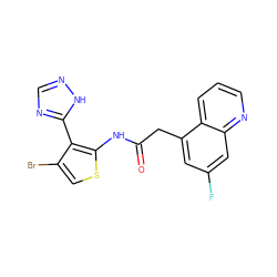 O=C(Cc1cc(F)cc2ncccc12)Nc1scc(Br)c1-c1ncn[nH]1 ZINC000072179059