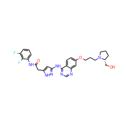 O=C(Cc1cc(Nc2ncnc3cc(OCCCN4CCC[C@@H]4CO)ccc23)n[nH]1)Nc1cccc(F)c1F ZINC000034803013