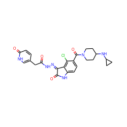 O=C(Cc1ccc(=O)[nH]c1)N/N=C1\C(=O)Nc2ccc(C(=O)N3CCC(NC4CC4)CC3)c(Cl)c21 ZINC000072180854