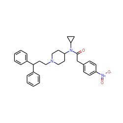 O=C(Cc1ccc([N+](=O)[O-])cc1)N(C1CC1)C1CCN(CCC(c2ccccc2)c2ccccc2)CC1 ZINC000028357402