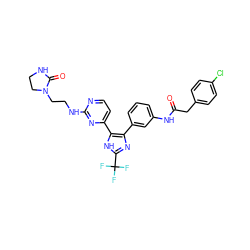 O=C(Cc1ccc(Cl)cc1)Nc1cccc(-c2nc(C(F)(F)F)[nH]c2-c2ccnc(NCCN3CCNC3=O)n2)c1 ZINC000029043716