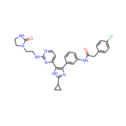 O=C(Cc1ccc(Cl)cc1)Nc1cccc(-c2nc(C3CC3)[nH]c2-c2ccnc(NCCN3CCNC3=O)n2)c1 ZINC000029042492