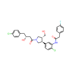 O=C(Cc1ccc(F)cc1)Nc1cc([C@H]2CN(C(=O)C[C@H](O)Cc3ccc(Cl)cc3)C[C@@H]2CO)ccc1Cl ZINC000263620710