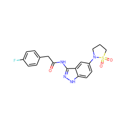 O=C(Cc1ccc(F)cc1)Nc1n[nH]c2ccc(N3CCCS3(=O)=O)cc12 ZINC000029041378