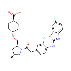 O=C(Cc1ccc(Nc2nc3ccc(F)cc3o2)c(Cl)c1)N1C[C@@H](F)C[C@H]1CO[C@H]1CC[C@H](C(=O)O)CC1 ZINC000253683323