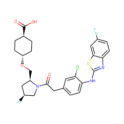 O=C(Cc1ccc(Nc2nc3ccc(F)cc3s2)c(Cl)c1)N1C[C@@H](F)C[C@H]1CO[C@H]1CC[C@H](C(=O)O)CC1 ZINC000254113652