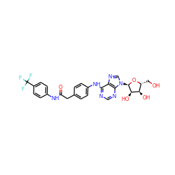 O=C(Cc1ccc(Nc2ncnc3c2ncn3[C@H]2O[C@H](CO)[C@@H](O)[C@H]2O)cc1)Nc1ccc(C(F)(F)F)cc1 ZINC000049767572