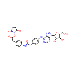 O=C(Cc1ccc(Nc2ncnc3c2ncn3[C@H]2O[C@H](CO)[C@@H](O)[C@H]2O)cc1)Nc1ccc(CC(=O)ON2C(=O)CCC2=O)cc1 ZINC000049767414