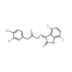 O=C(Cc1ccc(O)c(Br)c1)N/N=C1\C(=O)Nc2c(Cl)ccc(Cl)c21 ZINC000072178555