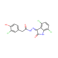 O=C(Cc1ccc(O)c(Cl)c1)N/N=C1\C(=O)Nc2c(Cl)ccc(Cl)c21 ZINC000006744643