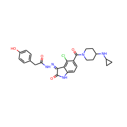 O=C(Cc1ccc(O)cc1)N/N=C1\C(=O)Nc2ccc(C(=O)N3CCC(NC4CC4)CC3)c(Cl)c21 ZINC000072179692