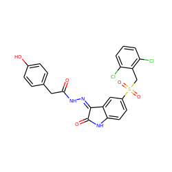 O=C(Cc1ccc(O)cc1)N/N=C1\C(=O)Nc2ccc(S(=O)(=O)Cc3c(Cl)cccc3Cl)cc21 ZINC000006744638