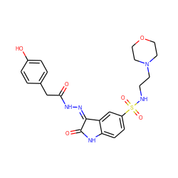 O=C(Cc1ccc(O)cc1)N/N=C1\C(=O)Nc2ccc(S(=O)(=O)NCCN3CCOCC3)cc21 ZINC000072179529