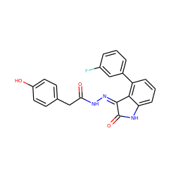 O=C(Cc1ccc(O)cc1)N/N=C1\C(=O)Nc2cccc(-c3cccc(F)c3)c21 ZINC000072180373