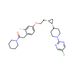 O=C(Cc1ccc(OCC[C@@H]2C[C@@H]2C2CCN(c3ncc(Cl)cn3)CC2)cc1F)N1CCCCC1 ZINC000147916447