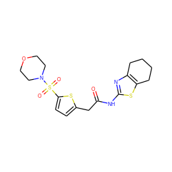 O=C(Cc1ccc(S(=O)(=O)N2CCOCC2)s1)Nc1nc2c(s1)CCCC2 ZINC000003374787