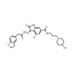 O=C(Cc1ccc2c(c1)CCO2)N/N=C1\C(=O)Nc2cc(C(=O)NCCCN3CCC(O)CC3)cc(Br)c21 ZINC000072180014