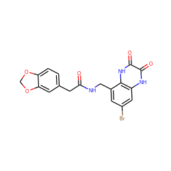 O=C(Cc1ccc2c(c1)OCO2)NCc1cc(Br)cc2[nH]c(=O)c(=O)[nH]c12 ZINC000027554571