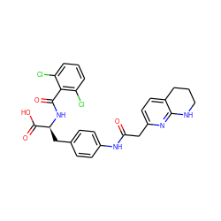 O=C(Cc1ccc2c(n1)NCCC2)Nc1ccc(C[C@H](NC(=O)c2c(Cl)cccc2Cl)C(=O)O)cc1 ZINC000084668402