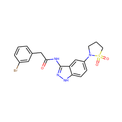 O=C(Cc1cccc(Br)c1)Nc1n[nH]c2ccc(N3CCCS3(=O)=O)cc12 ZINC000029041395