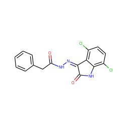 O=C(Cc1ccccc1)N/N=C1\C(=O)Nc2c(Cl)ccc(Cl)c21 ZINC000072179745