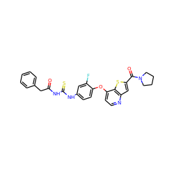 O=C(Cc1ccccc1)NC(=S)Nc1ccc(Oc2ccnc3cc(C(=O)N4CCCC4)sc23)c(F)c1 ZINC000029043713