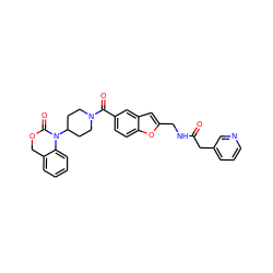 O=C(Cc1cccnc1)NCc1cc2cc(C(=O)N3CCC(N4C(=O)OCc5ccccc54)CC3)ccc2o1 ZINC000013441709