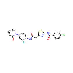 O=C(Cc1csc(NC(=O)c2ccc(Cl)cc2)n1)Nc1ccc(-n2ccccc2=O)cc1F ZINC000043076938