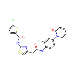 O=C(Cc1csc(NC(=O)c2ccc(Cl)s2)n1)Nc1ccc(-n2ccccc2=O)cc1F ZINC000043074381