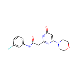 O=C(Cc1nc(N2CCOCC2)cc(=O)[nH]1)Nc1cccc(F)c1 ZINC000095577155