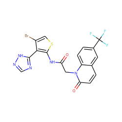 O=C(Cn1c(=O)ccc2cc(C(F)(F)F)ccc21)Nc1scc(Br)c1-c1ncn[nH]1 ZINC000072181755