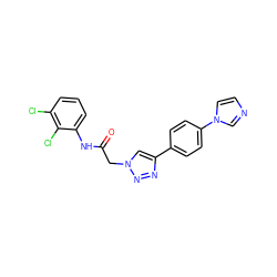 O=C(Cn1cc(-c2ccc(-n3ccnc3)cc2)nn1)Nc1cccc(Cl)c1Cl ZINC001772587357