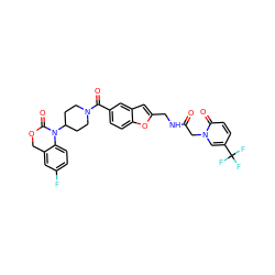 O=C(Cn1cc(C(F)(F)F)ccc1=O)NCc1cc2cc(C(=O)N3CCC(N4C(=O)OCc5cc(F)ccc54)CC3)ccc2o1 ZINC000029211976