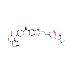 O=C(Cn1cc(C(F)(F)F)ccc1=O)NCc1cc2cc(C(=O)N3CCC(N4C(=O)OCc5ccc(F)cc54)CC3)ccc2o1 ZINC000029211970