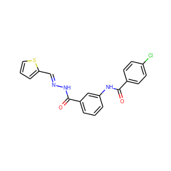 O=C(N/N=C/c1cccs1)c1cccc(NC(=O)c2ccc(Cl)cc2)c1 ZINC000005175905