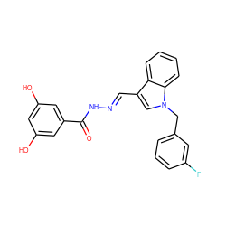 O=C(N/N=C/c1cn(Cc2cccc(F)c2)c2ccccc12)c1cc(O)cc(O)c1 ZINC000015934337