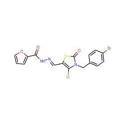 O=C(N/N=C/c1sc(=O)n(Cc2ccc(Br)cc2)c1Cl)c1ccco1 ZINC000002235429