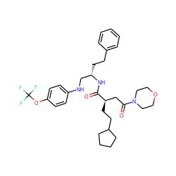 O=C(N[C@@H](CCc1ccccc1)CNc1ccc(OC(F)(F)F)cc1)[C@H](CCC1CCCC1)CC(=O)N1CCOCC1 ZINC000014971734