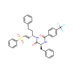 O=C(N[C@@H](Cc1ccccc1)C(=O)N[C@H](/C=C/S(=O)(=O)c1ccccc1)CCc1ccccc1)c1ccc(C(F)(F)F)cc1 ZINC000029038507