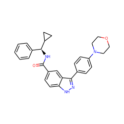 O=C(N[C@@H](c1ccccc1)C1CC1)c1ccc2[nH]nc(-c3ccc(N4CCOCC4)cc3)c2c1 ZINC000146784494